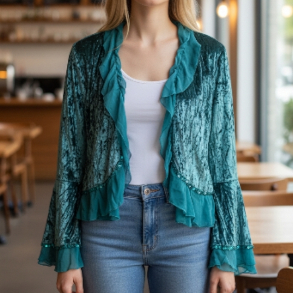 EUC Cover Charge L Vintage Y2K Teal Crushed Velvet Ruffle Shrug Bolero Top!